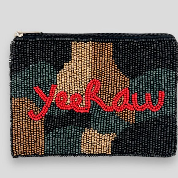 YEE HAW Camo Seed Beaded Pom-Pom Zipper Money Makeup Storage Pouch NEW - Picture 1 of 2